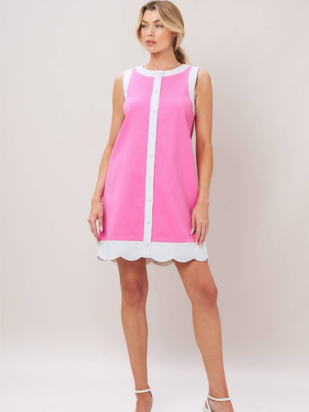 Sleeveless Pink Shift Dress with White Trim and Button Detail